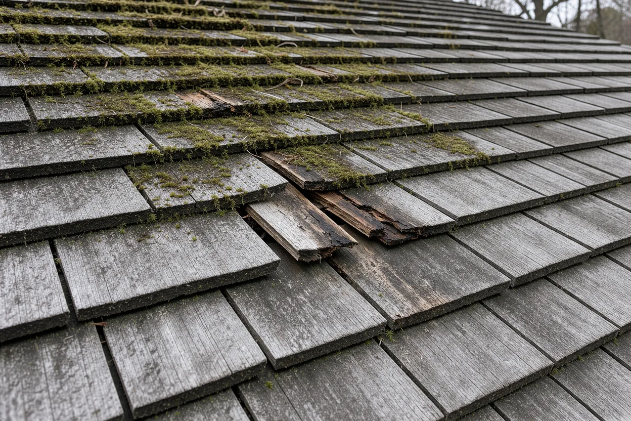Weathered silver-gray cedar shakes with moss between the courses