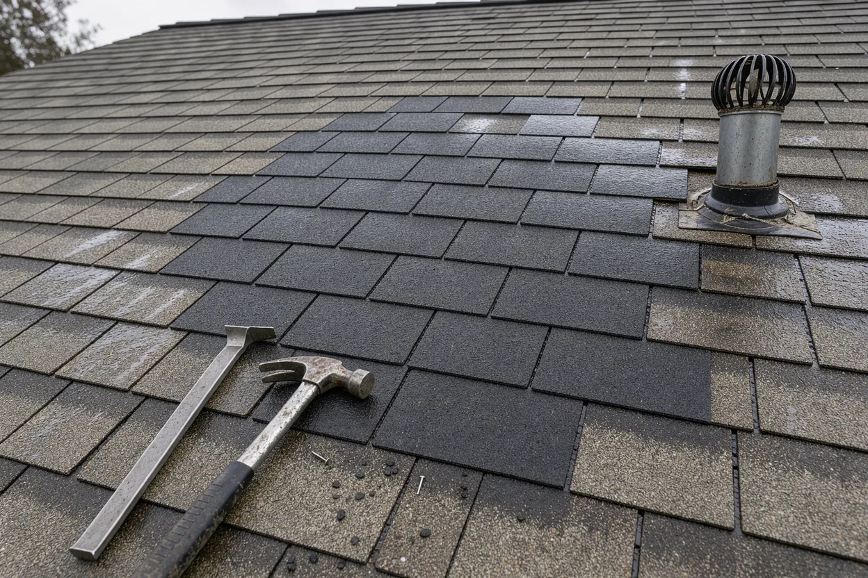 New shingles patched into a weathered roof field beside a vent pipe