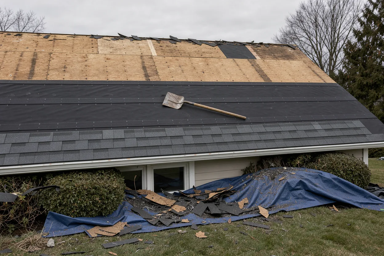 A roof mid-replacement with bare sheathing above and new underlayment below