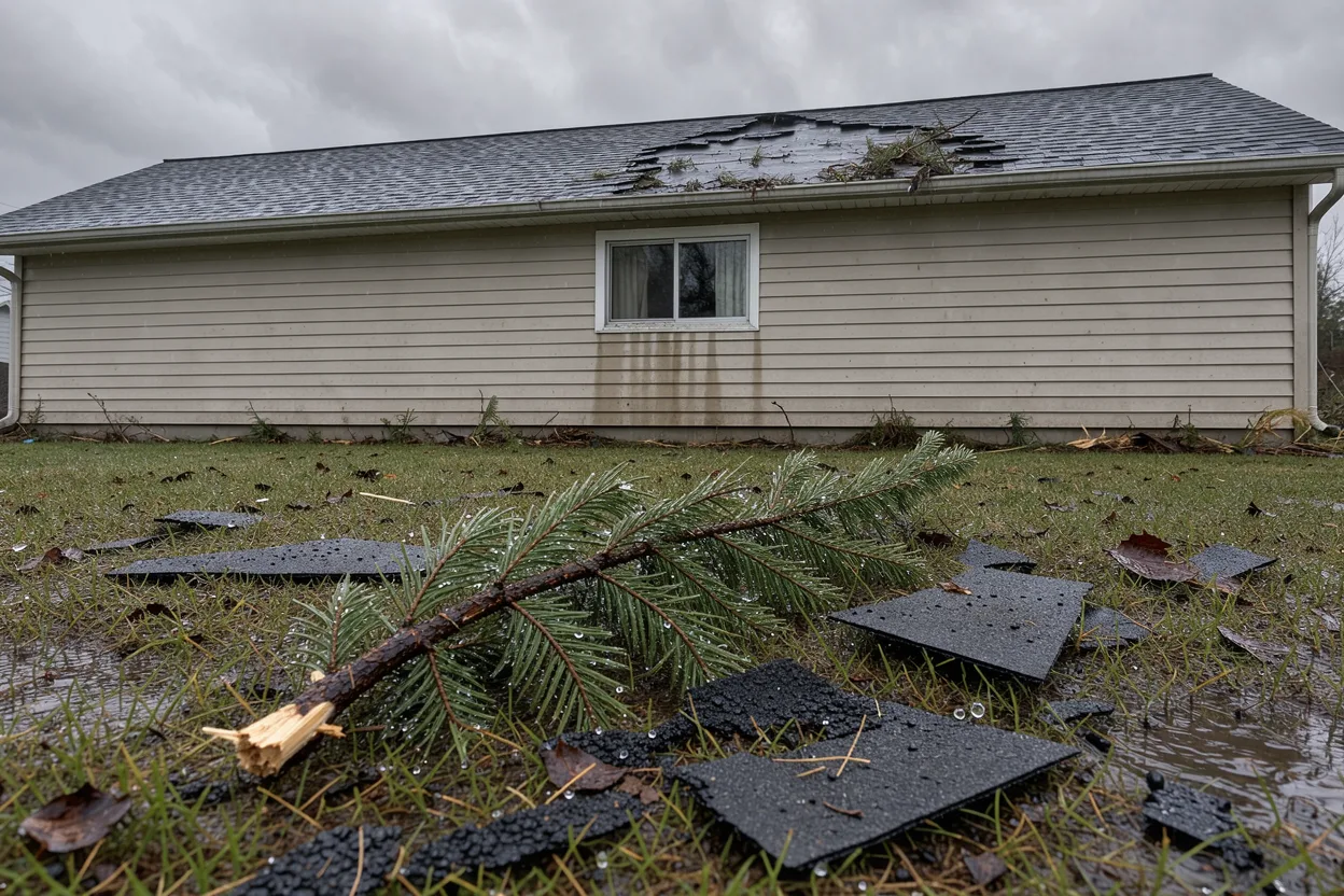 Torn shingles and a fir branch on a wet lawn below a damaged roof